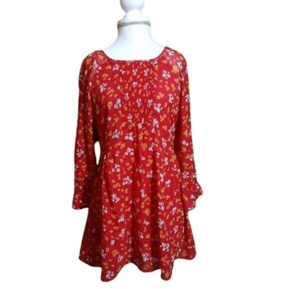 Free People Women's Size 2 Doll Pants Mini Dress Red Floral Tunic - Picture 4 of 7